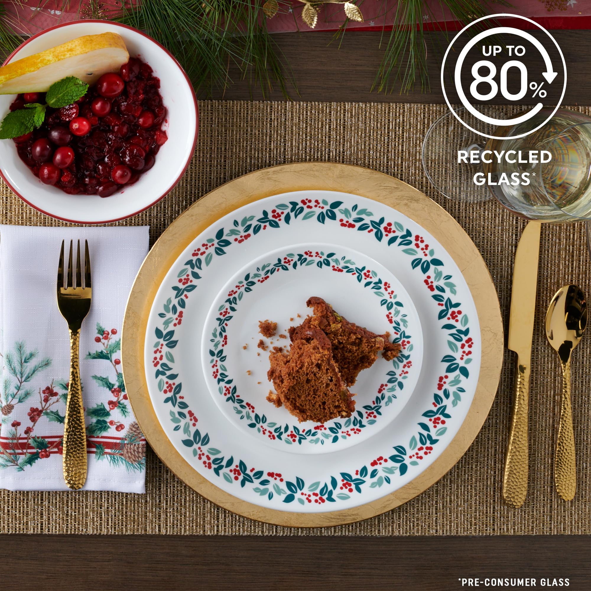 Corelle Vitrelle 18-Piece Christmas Service for 6 Dinnerware Set, Triple Layer Glass and Chip Resistant, Lightweight Round Holiday Plates and Bowls Set, Winter Berries