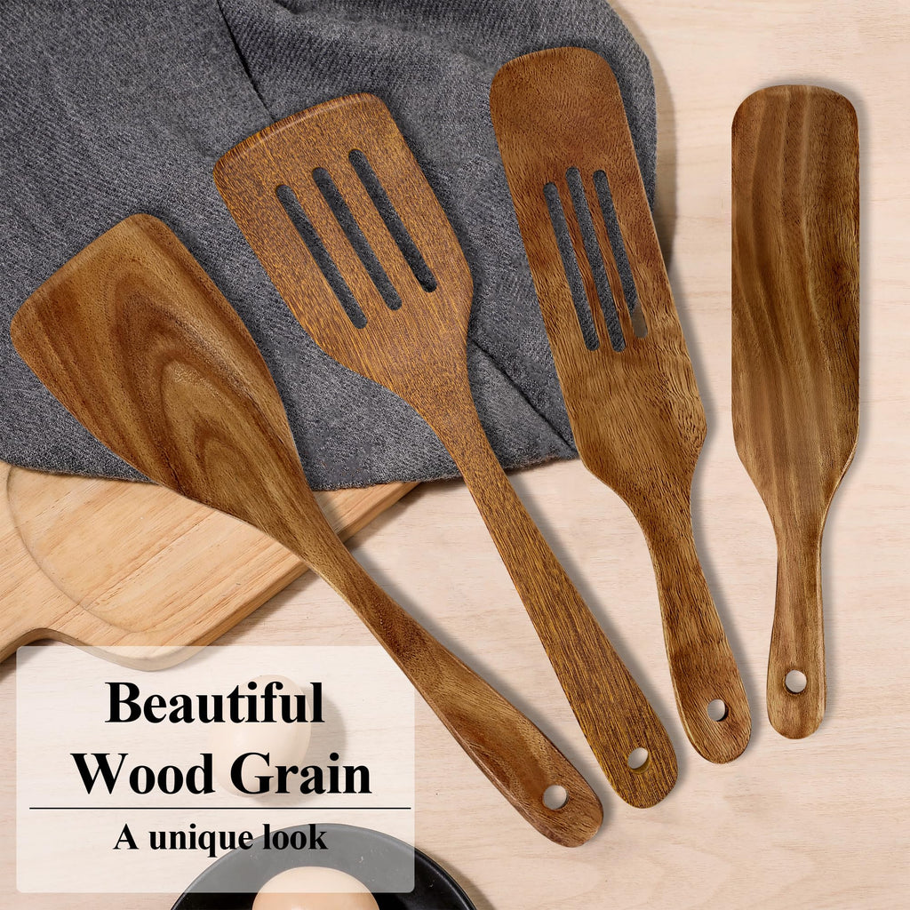 Wooden Spatula, Heat Resistant Cooking Wood Spatulas Spurtles for Non Stick Cookware Kitchen Use, Handmade Non Toxic Teak Wooden Cooking Utensil Spurtle Set for Cast Iron Baking Flipping, 4 Piece