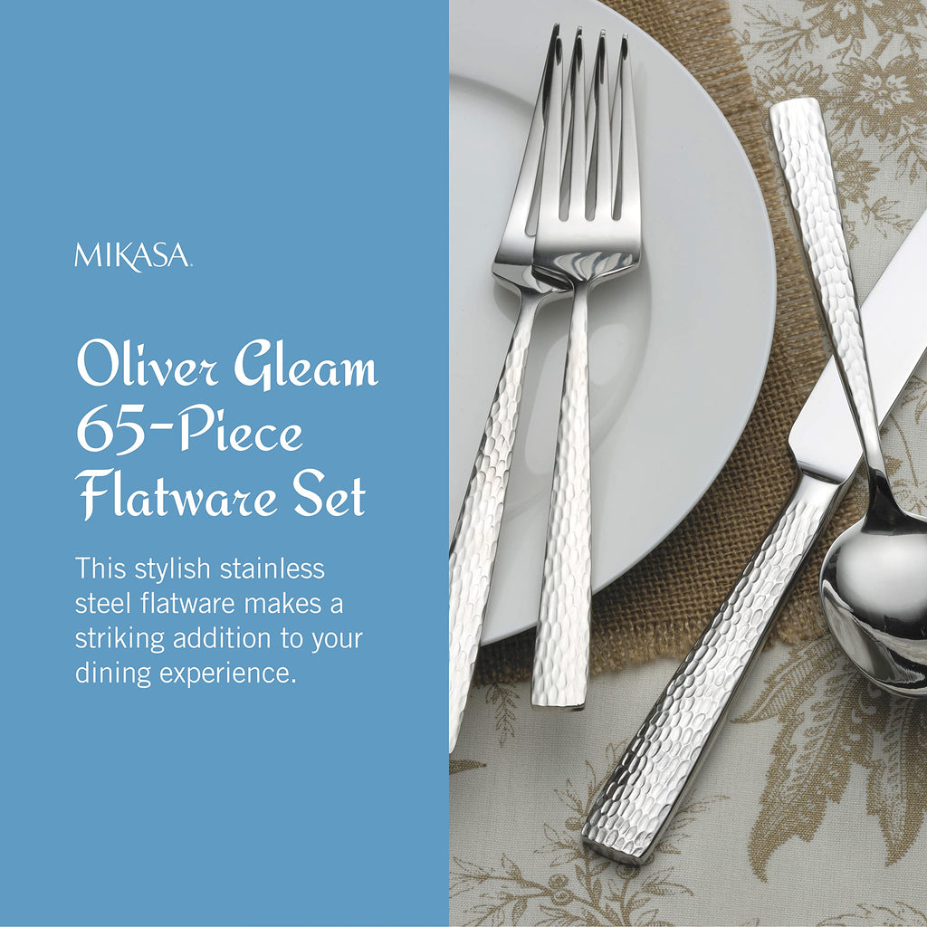 Mikasa Oliver Mirror 18/10 Stainless Steel Flatware Set for 12, 65-Piece Silverware Set with Serving Utensils, Dishwasher Safe Cutlery Set