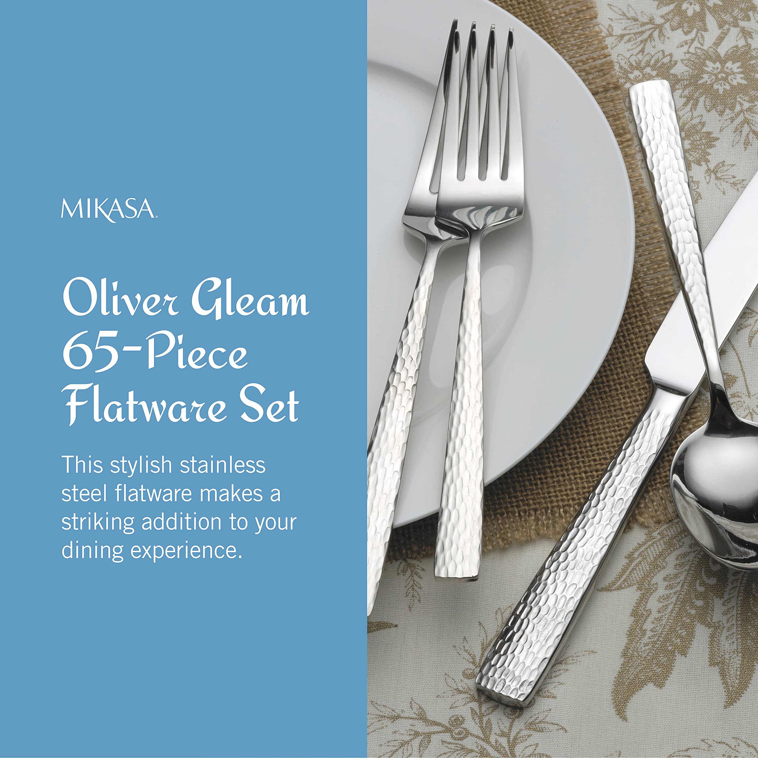 Mikasa Oliver Mirror 18/10 Stainless Steel Flatware Set for 12, 65-Piece Silverware Set with Serving Utensils, Dishwasher Safe Cutlery Set