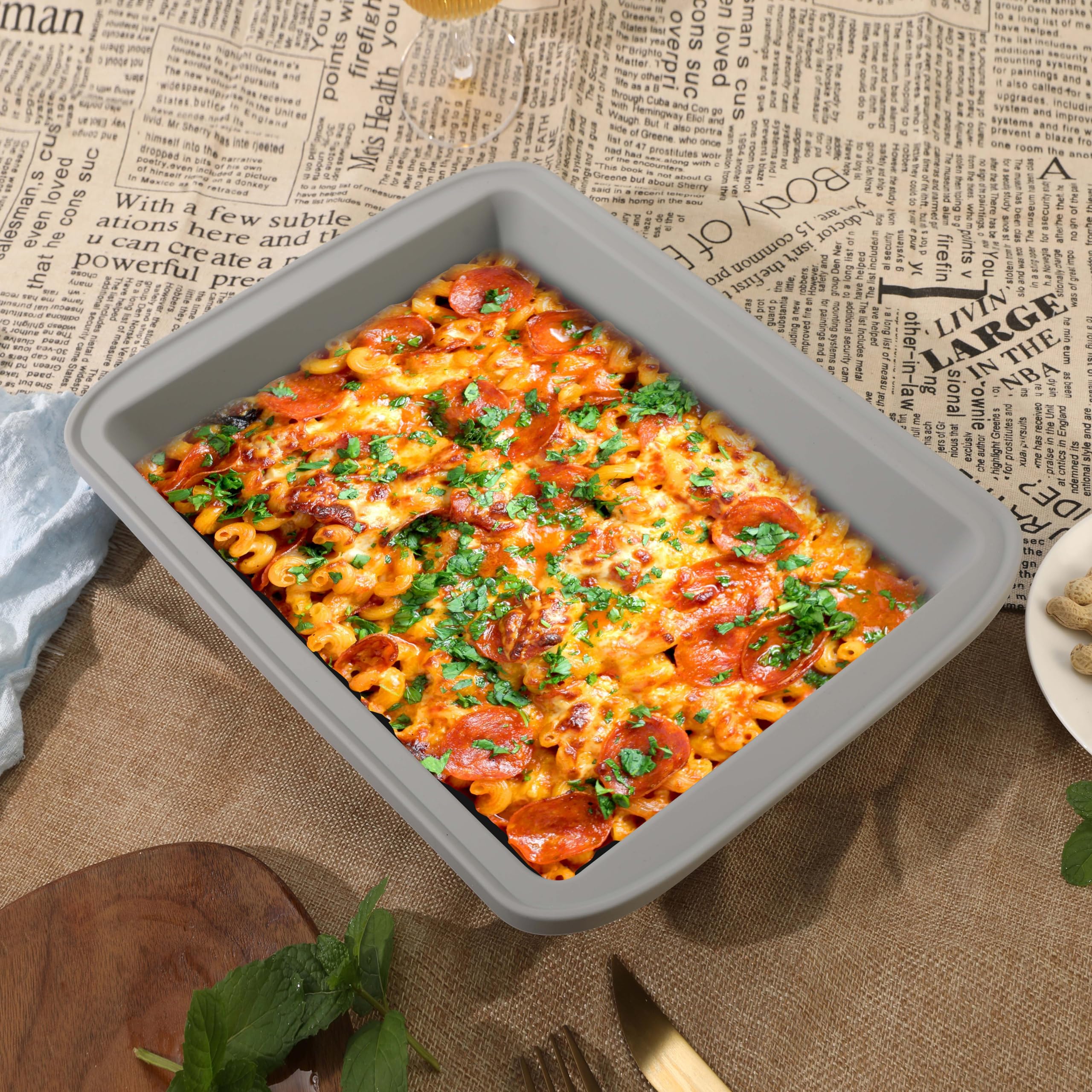 Sunsetbaby Silicone Baking Dish with Handles, Deep Rectangular Bakeware Cake Pan, Compatible with Fancy Panz, for Lasagna, Cake, Brownie or Family Dinner, 12.6 x 9.8 x 2.1 Inch (Grey)
