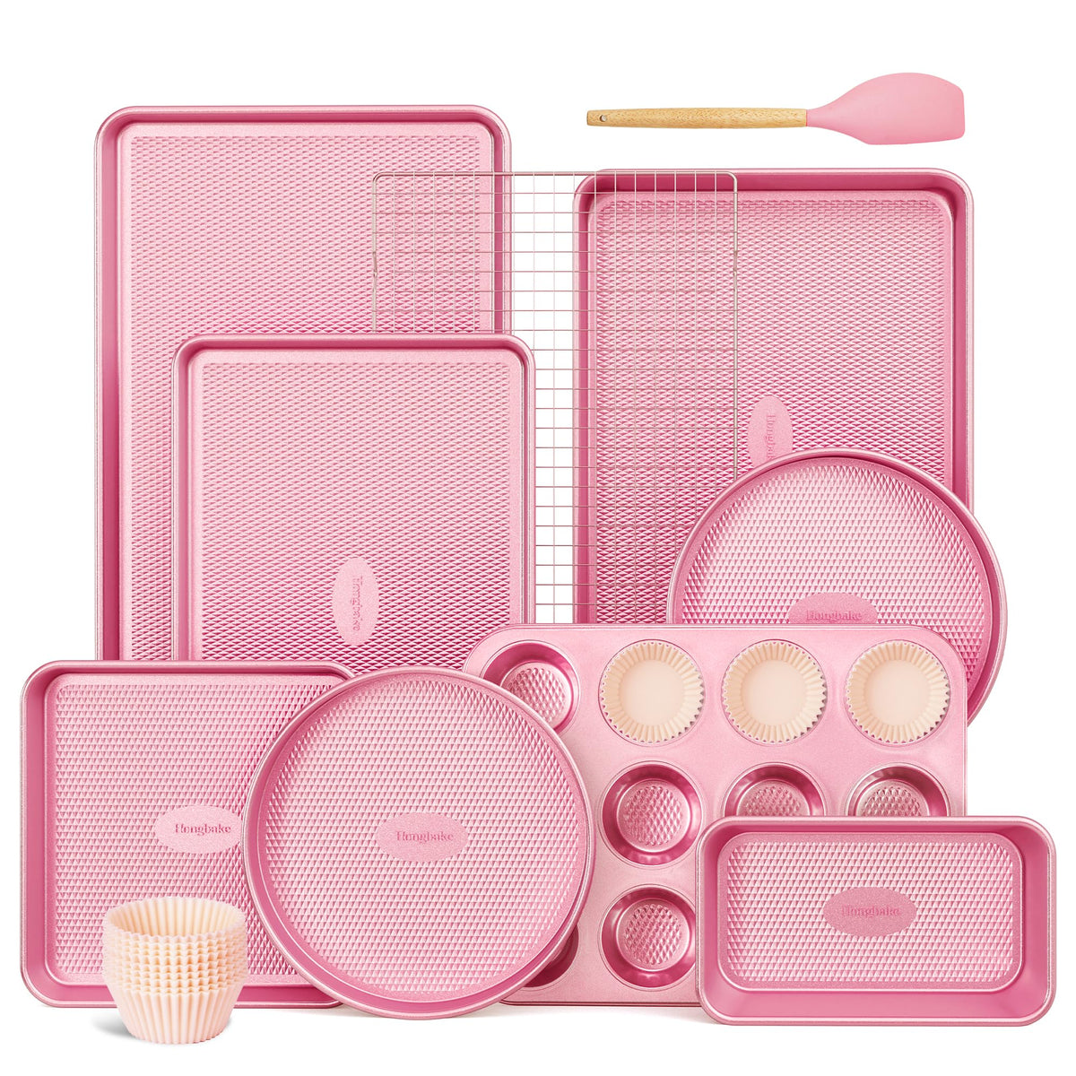HONGBAKE 22-Piece Baking Pans Set Nonstick, Stackable Non Toxic Bakeware Sets with Diamond Texture, Oven Pan Set for Cooking, Includes Cookie Sheet with Rack, Cake Pan, Roasting Pan, Muffin Tin, Pink