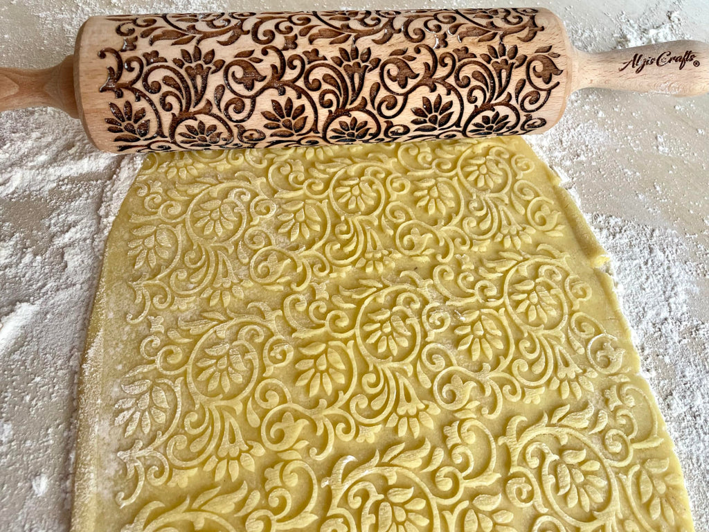 FLOWERING VINE Embossing Rolling Pin. Laser Engraved Dough Roller with Climbing Flowers Pattern for Embossed Cookies or Pottery by Algis Crafts
