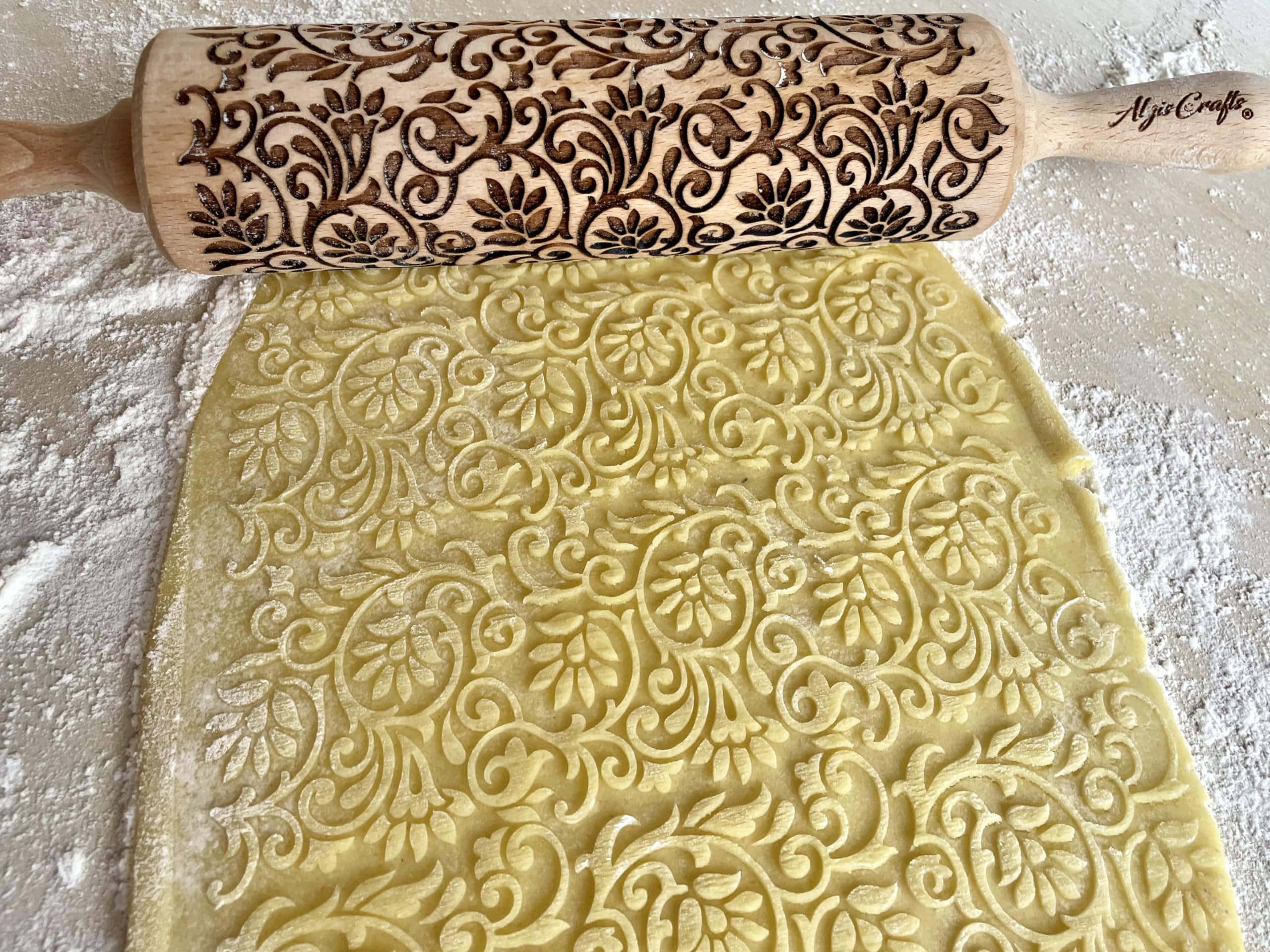 FLOWERING VINE Embossing Rolling Pin. Laser Engraved Dough Roller with Climbing Flowers Pattern for Embossed Cookies or Pottery by Algis Crafts