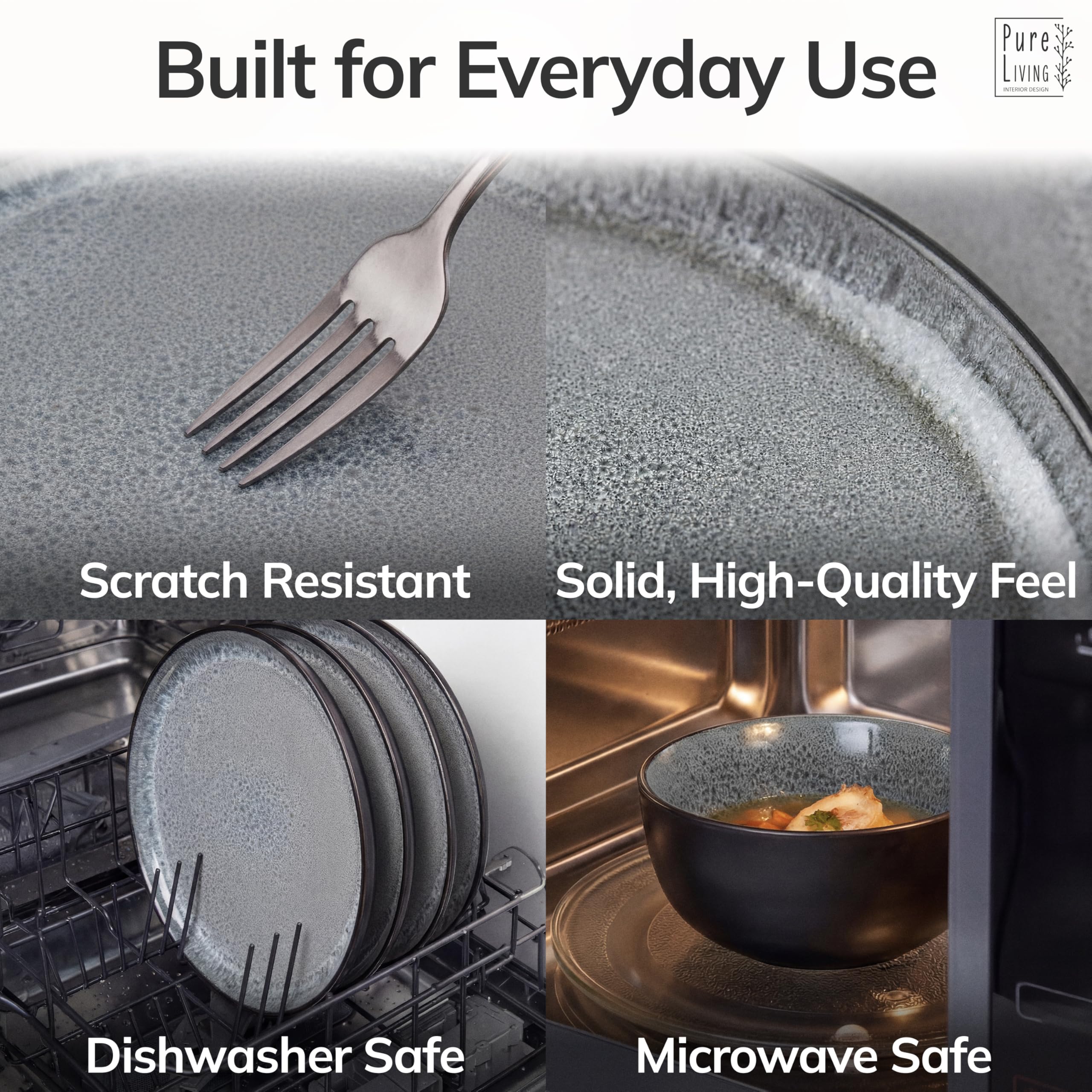 16 Piece Stoneware Dinnerware Set for 4 - Handmade Reactive Glaze Plates and Bowls Set - Chip & Scratch Resistant Dish Set - Dishwasher Microwave Safe - Dark Gray
