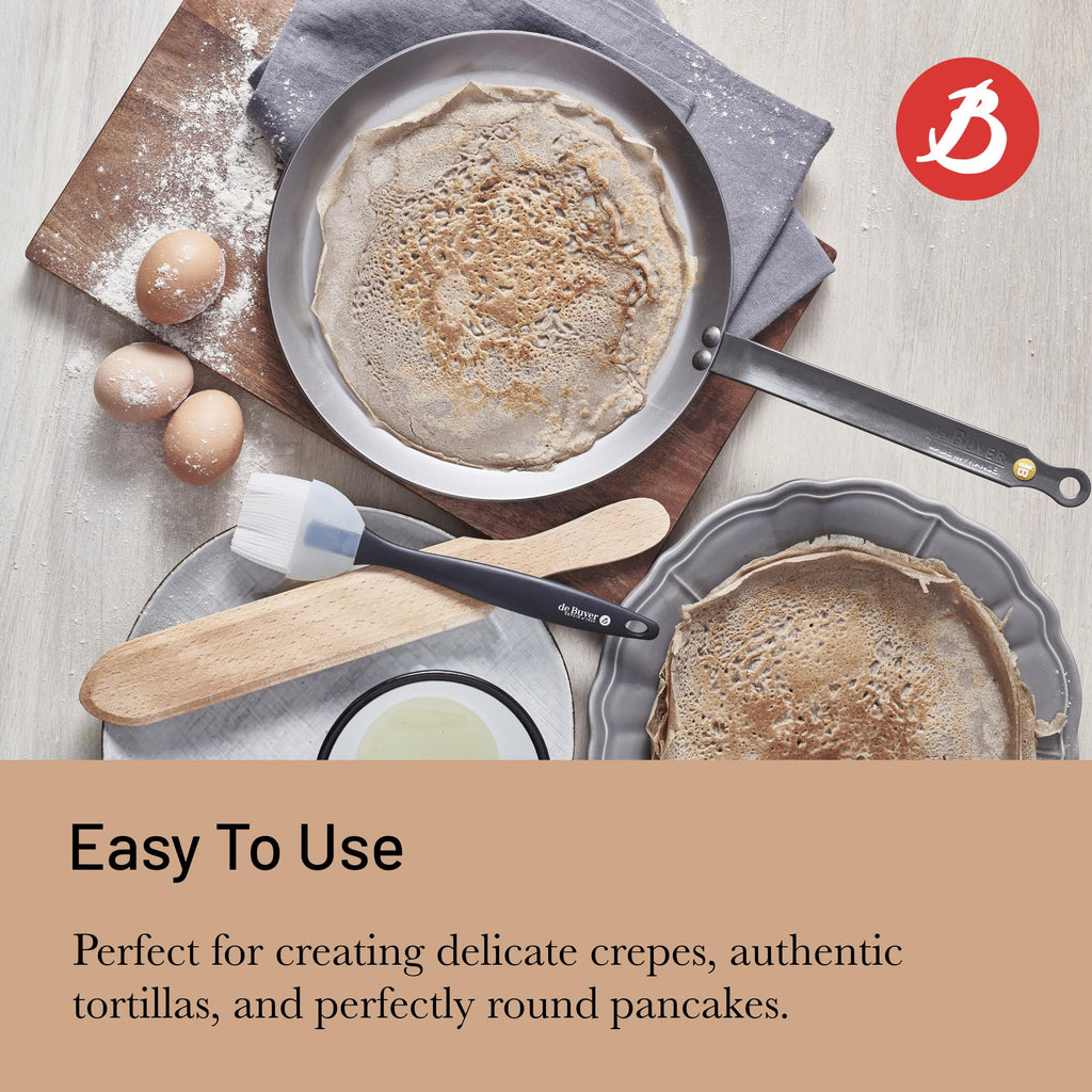 de Buyer MINERAL B Carbon Steel Crepe & Tortilla Pan - 9.5” Diameter, 8.25” Cooking Surface - Ideal for Making & Reheating Crepes, Tortillas & Pancakes - Naturally Non-Stick Finish - Made in France