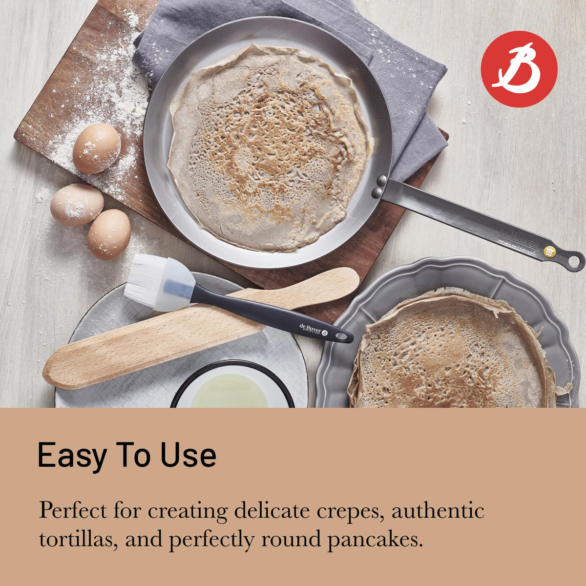 de Buyer MINERAL B Carbon Steel Crepe & Tortilla Pan - 9.5” Diameter, 8.25” Cooking Surface - Ideal for Making & Reheating Crepes, Tortillas & Pancakes - Naturally Non-Stick Finish - Made in France