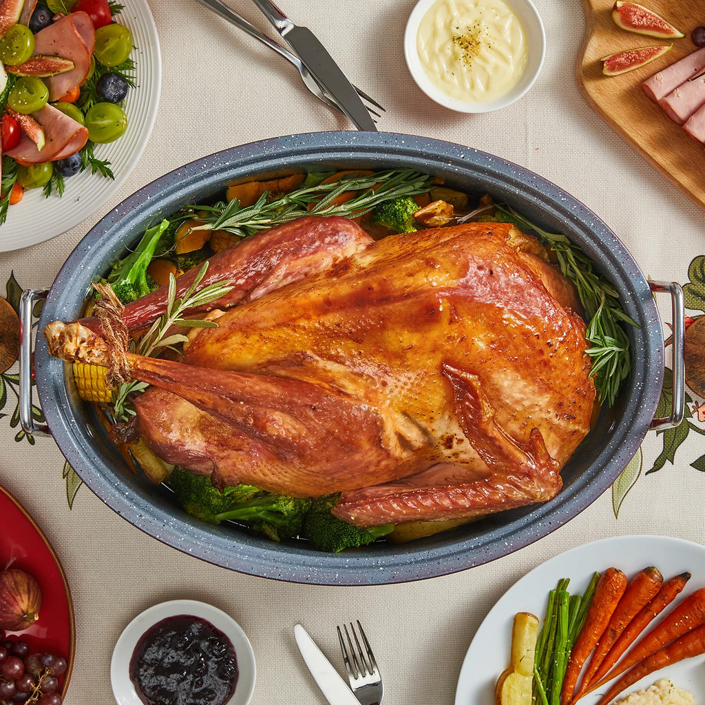 BRONYPRO Large Turkey Roasting Pan with Lid & Rack, 18-Inch Durable Granite Non-Stick Roaster, 20 lb Capacity for Roasting Turkey, Chicken, or Vegetables, Red