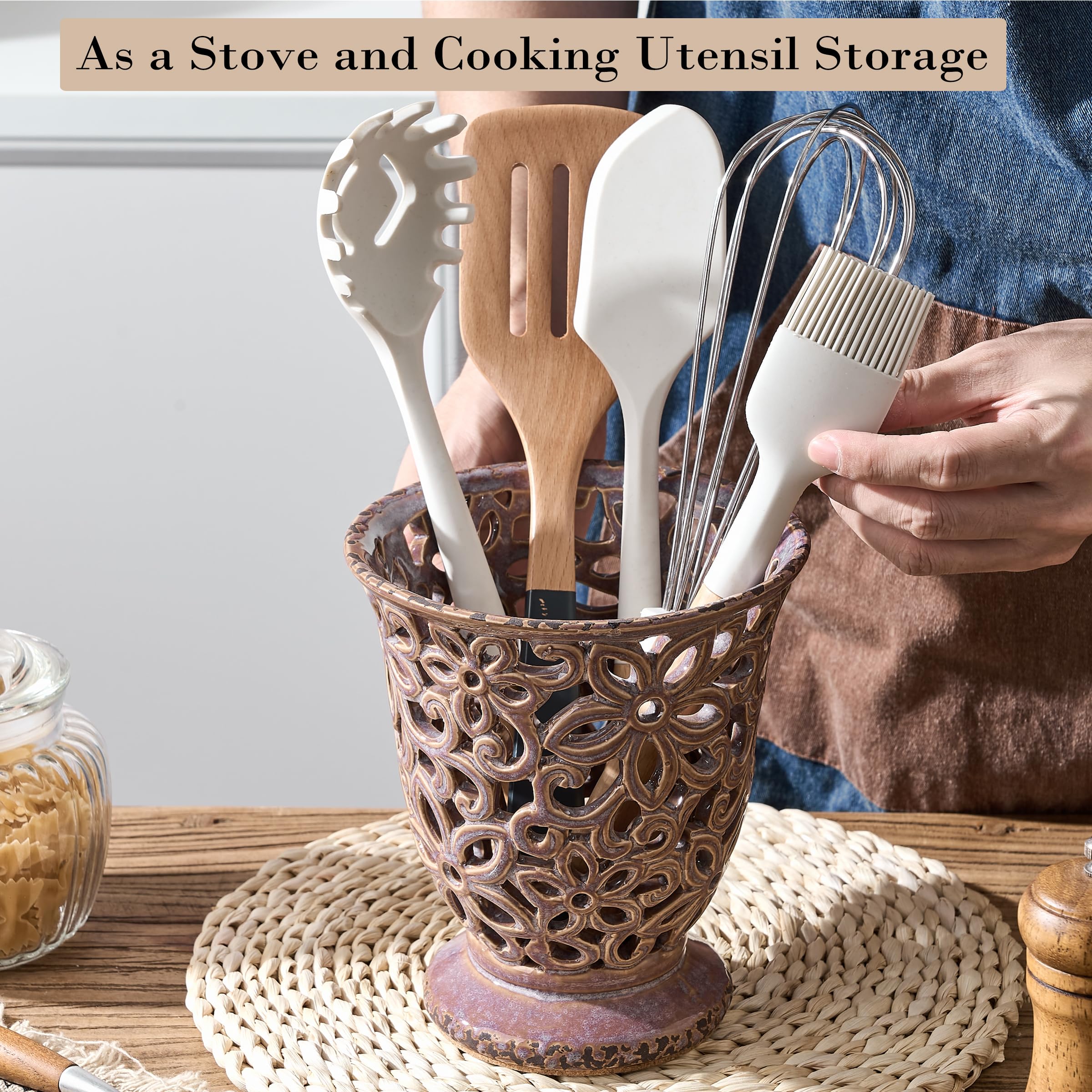 Utensil Holder for Kitchen Counter, Modern Farmhouse Cooking Utensil Holder and Crock Home Kitchen Decor, Ceramic Utensil Organizer for Spatula, Ladle, Eggbeater, Rolling Pin- Kiln-Transformed Purple