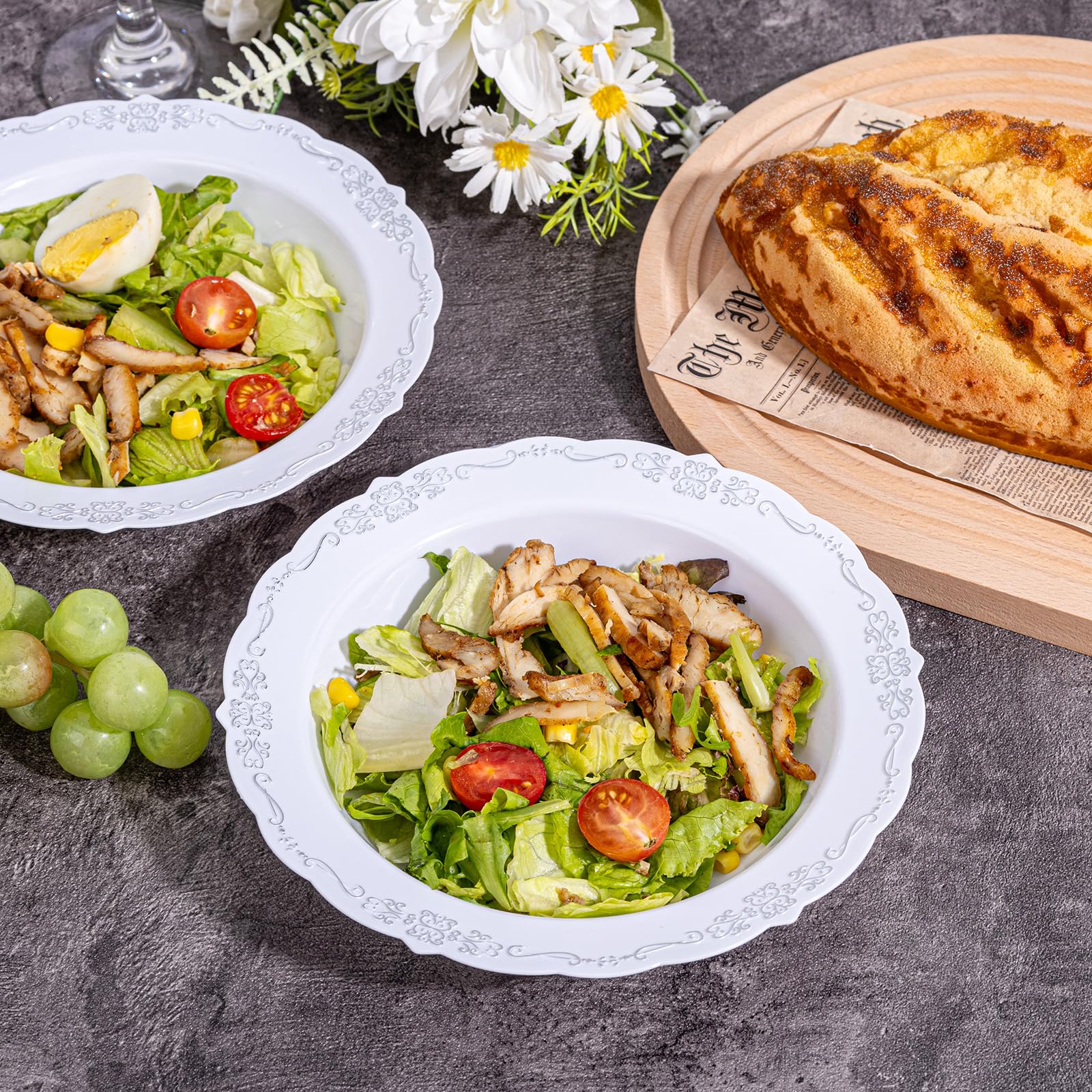 DaYammi 30 Pack Plastic Bowls with Silver Rim, 12oz Disposable Soup Bowls, Silver Bowls Disposable Heavy Duty Dinner Bowls for Weddings,Plastic Serving bowls Parties,Dinners,Catering and Everyday Use