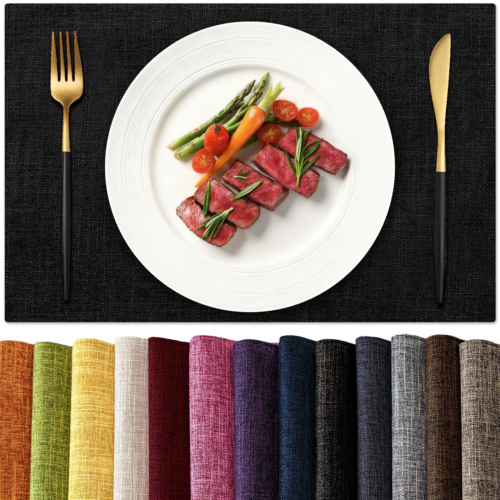 KXN Placemats Set of 6, Dual-Layer Thickened Faux Linen Table Mats, Heat Resistant & Wrinkle-Free, Machine Washable Cloth Place Mats for Kitchen Dining Indoor Outdoor (Black)
