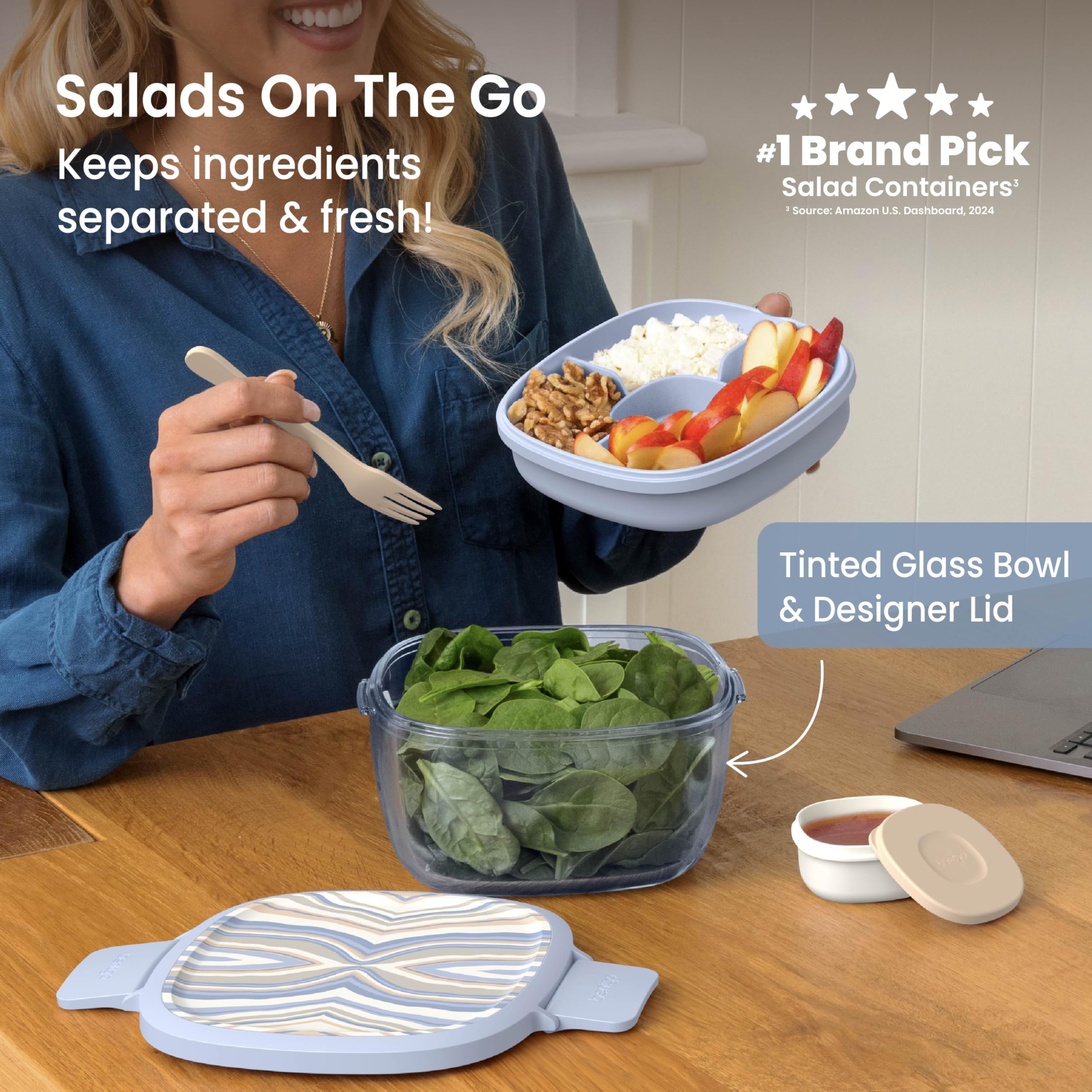 Bentgo Glass Prints Salad Container - 7.6-Cup Tinted Glass Salad Bowl with Airtight Lid, Leak-Proof Sauce Container, 4-Compartment Bento Meal Prep Tray & Reusable Fork (Wildly Chic - Soft Blue)