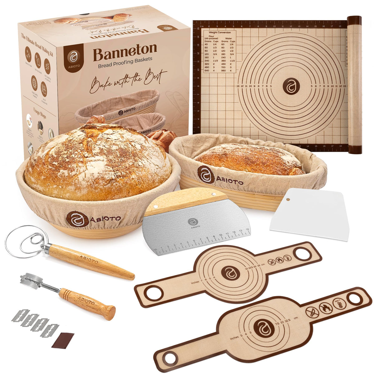 Sourdough Starter Kit with 10" Round & 11" Oval Banneton Proofing Basket and 34oz Starter Jar - Beginner-Friendly Sourdough Bread Baking Supplies and Baking Gifts for Women, Men, and Bread Bakers