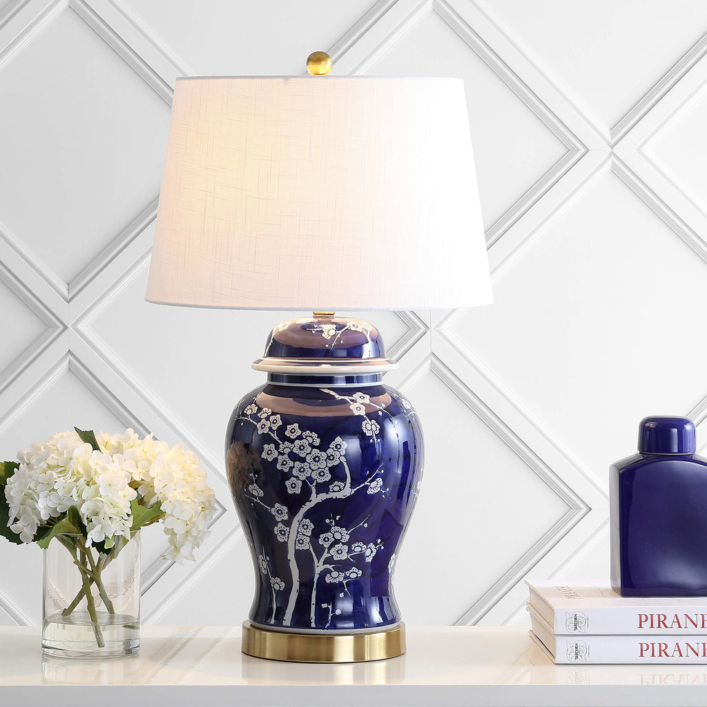 JONATHAN Y 29.5" White/Navy Blue Traditional Ceramic Ginger Jar Table Lamp for Living Room, Chinoiserie Asian Bedside Lamp with White Linen Shade and LED Bulb Included JYL3047A