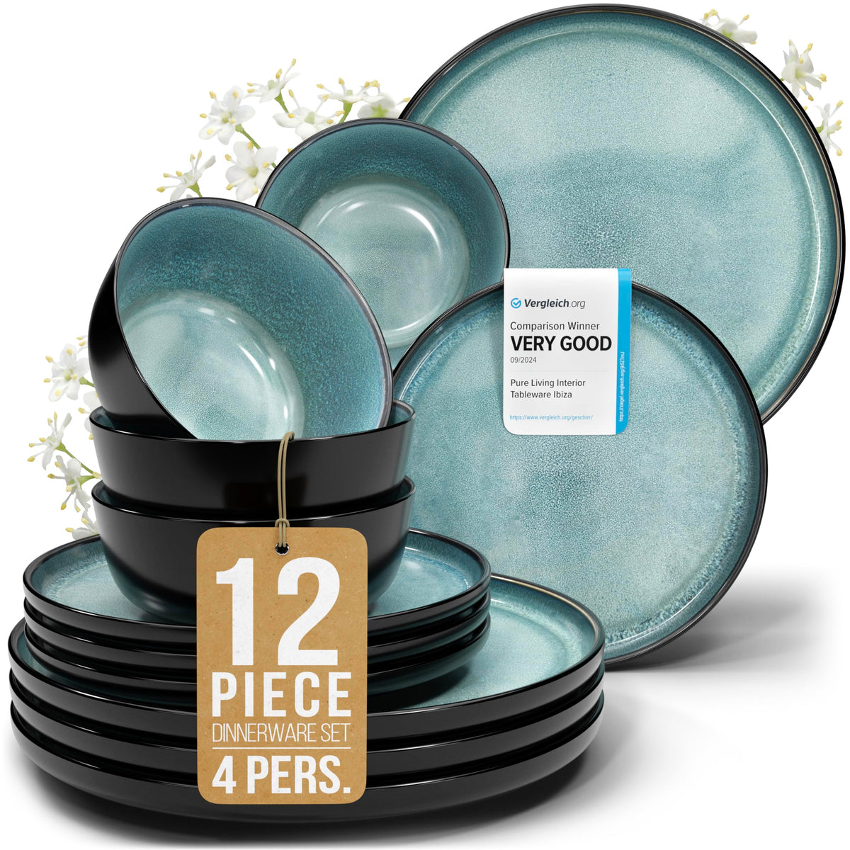 24 Piece Stoneware Dinnerware Set for 8, Handcrafted Plates and Bowls Set