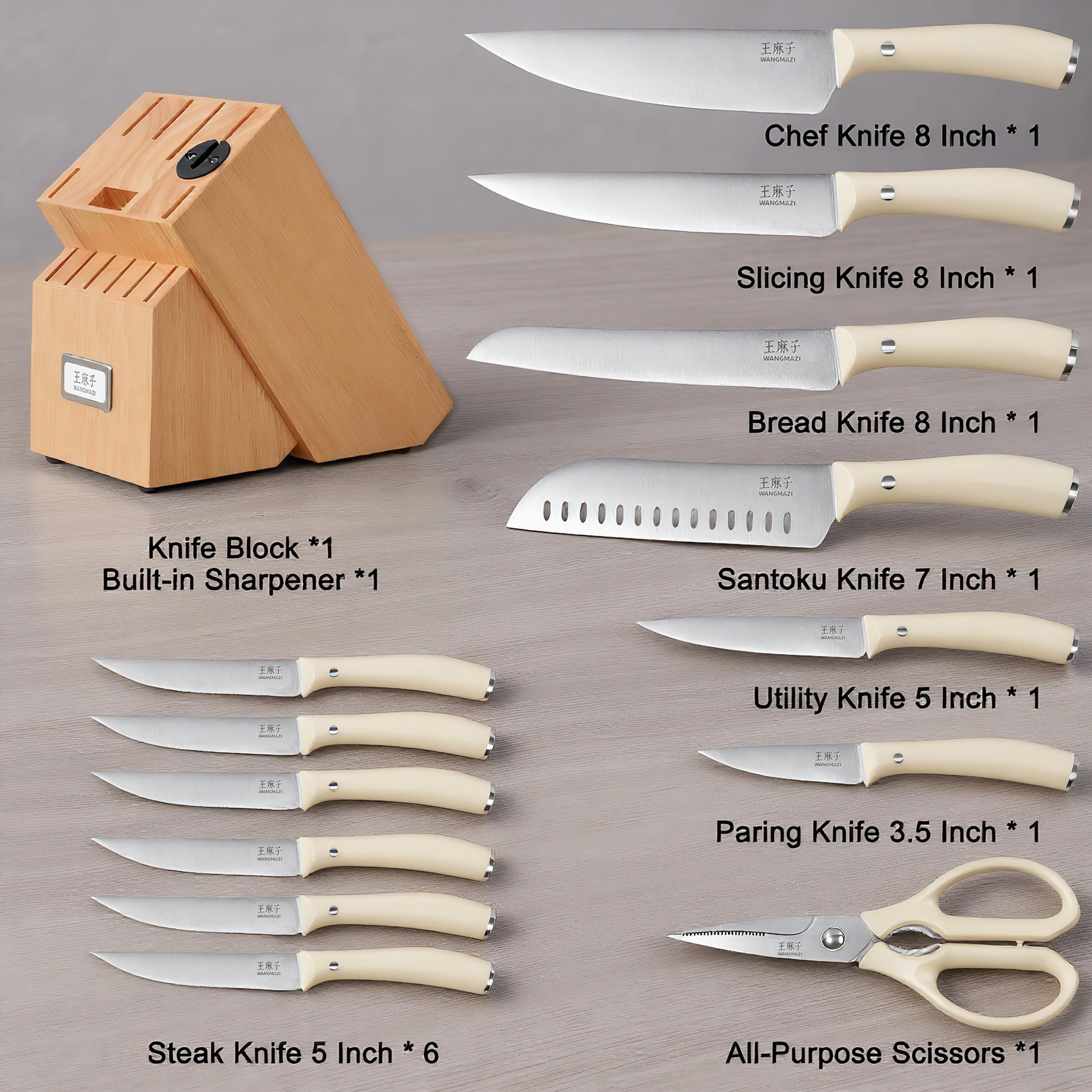 WANGMAZI 15-Pcs Knife Block Set, High Carbon Steel