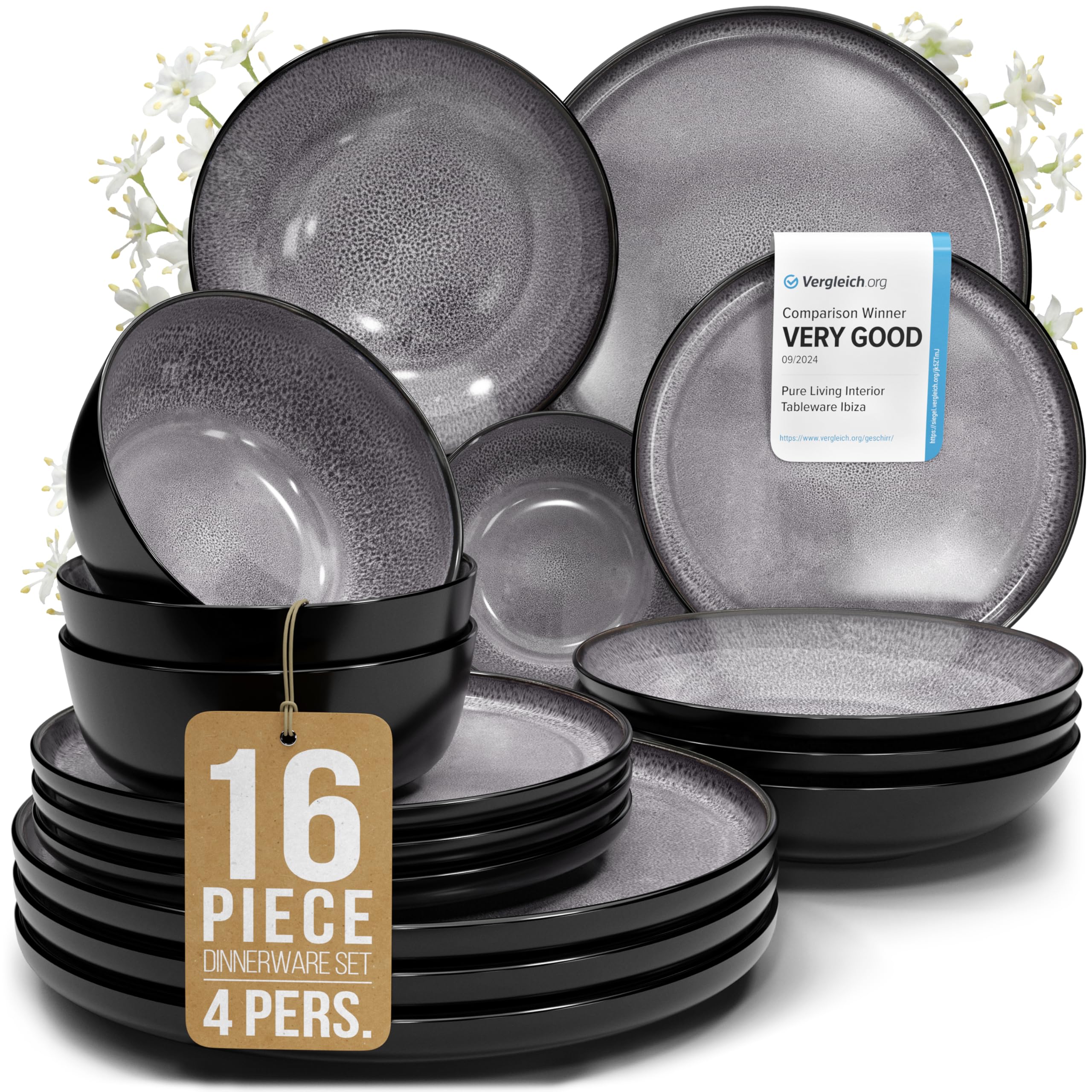 16 Piece Stoneware Dinnerware Set for 4 - Handmade Reactive Glaze Plates and Bowls Set - Chip & Scratch Resistant Dish Set - Dishwasher Microwave Safe - Dark Gray