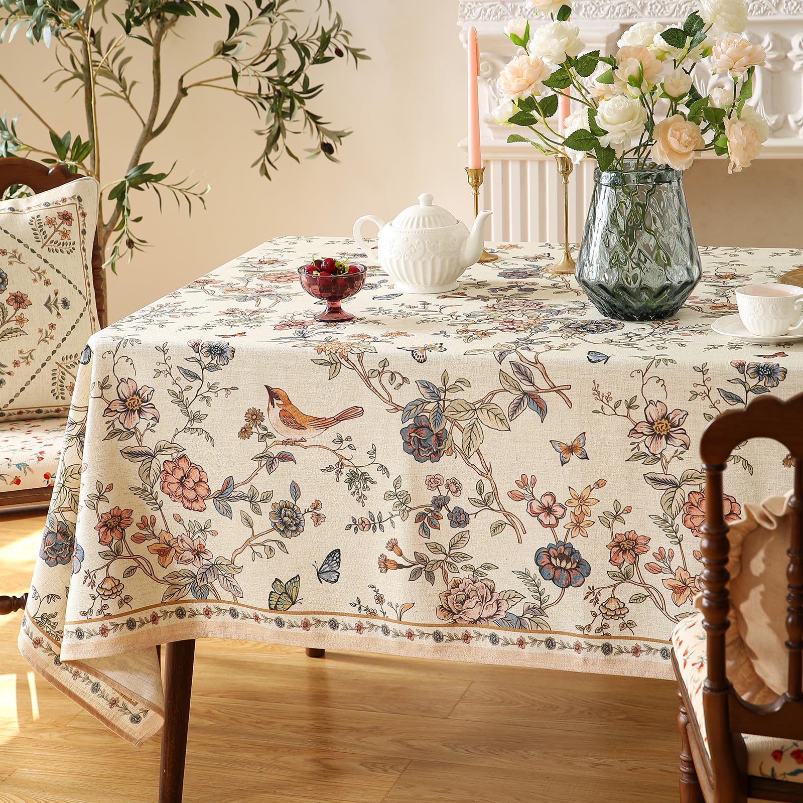 ISAENNE Designer French Linen Rectangular Tablecloth,118"x67"-Cornucopia