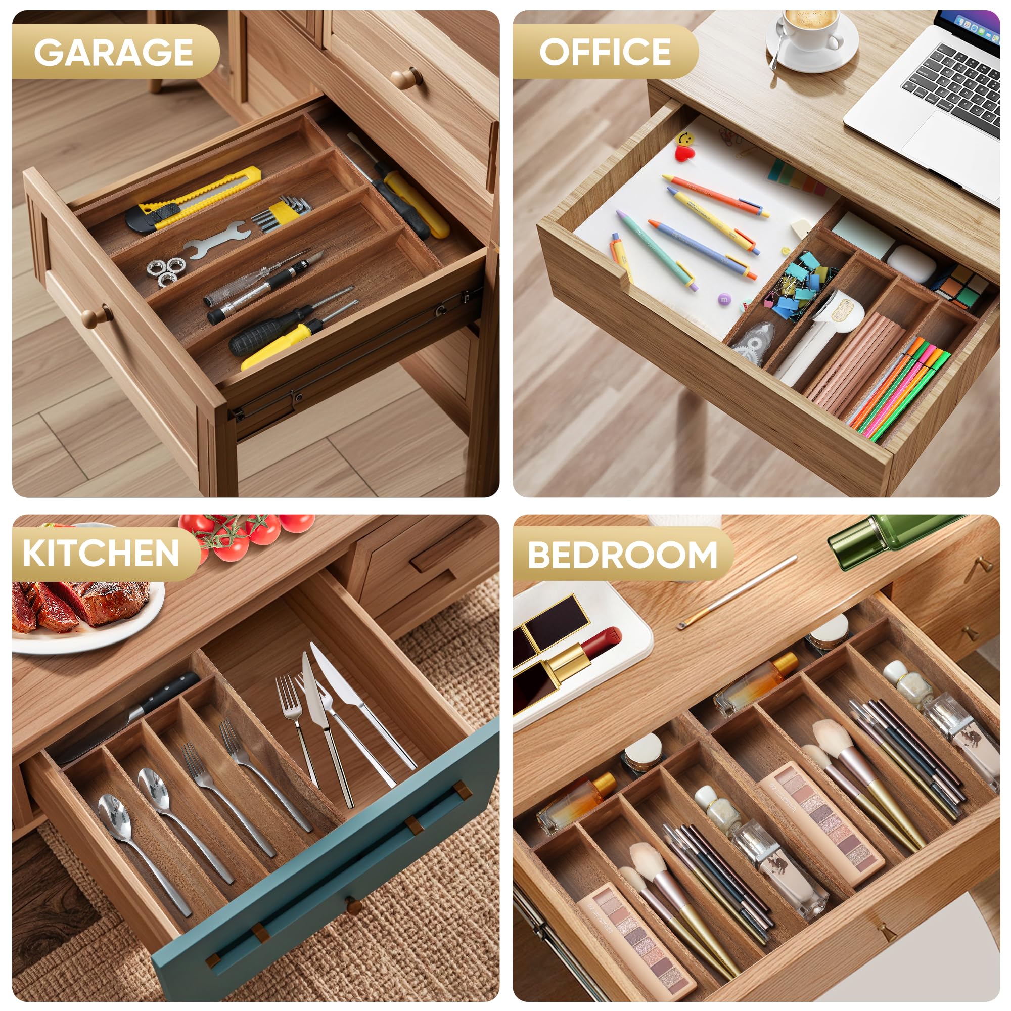 SUNBREATH Silverware Organizer, 10 Inch Utensil Organizer Kitchen Drawer Organizer Acacia Silverware Holder Cutlery Tray Organizer in Drawer Flatware Organizer Tray(5 slots, Acacia