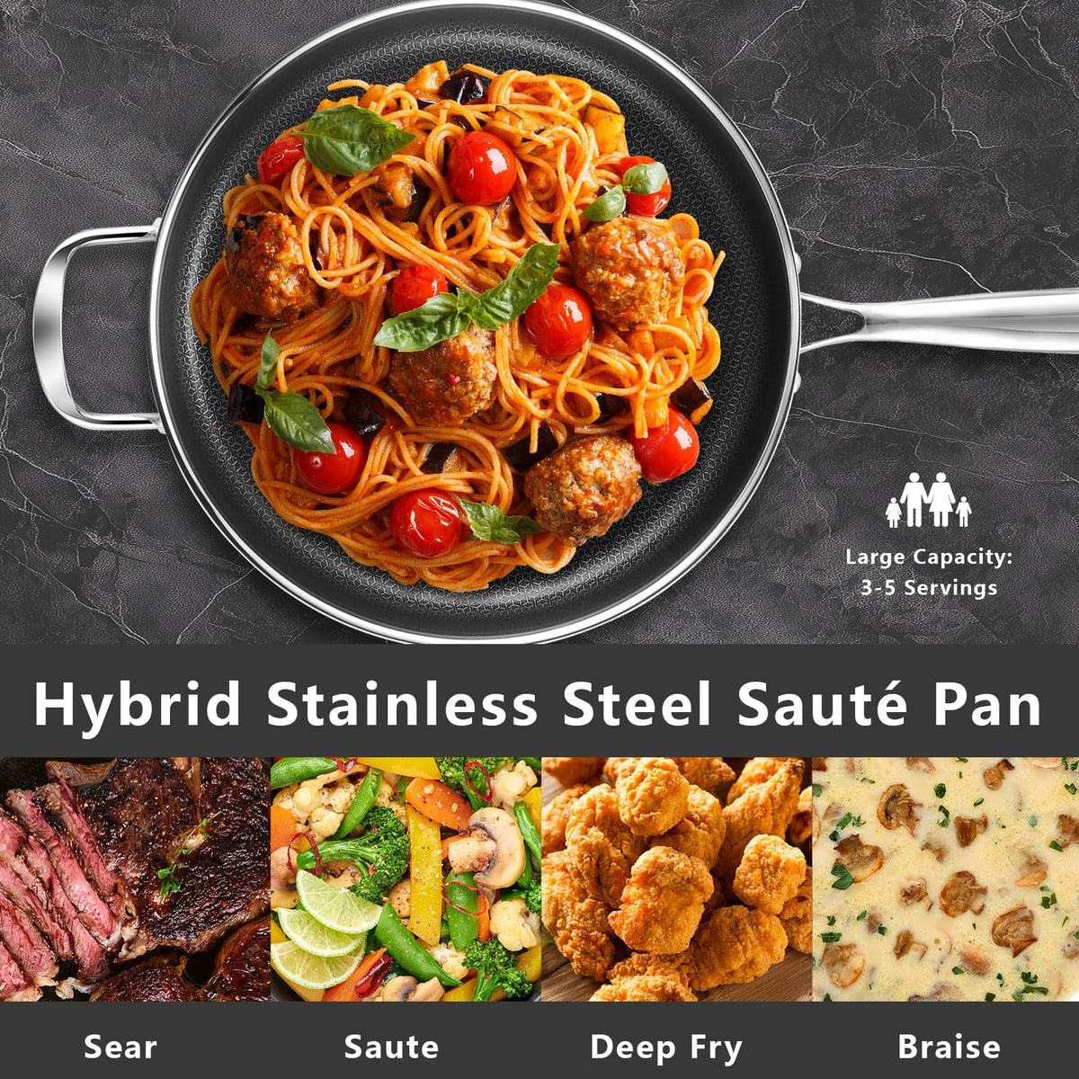 SAKAMOSH 5.6 Qt Hybrid Nonstick Deep Sauté Pan & Lid, 12" Stainless Steel