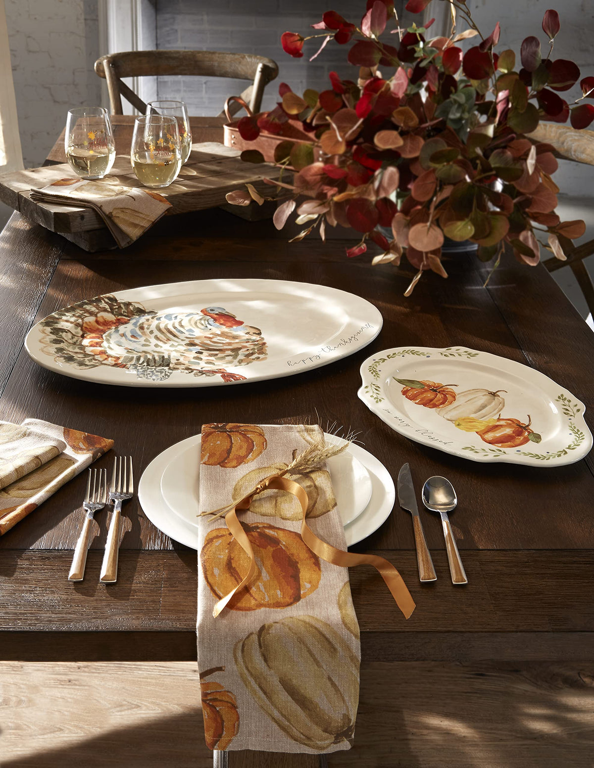 Mud Pie Turkey Platter, Large Thanksgiving Serving Platter, White Ceramic