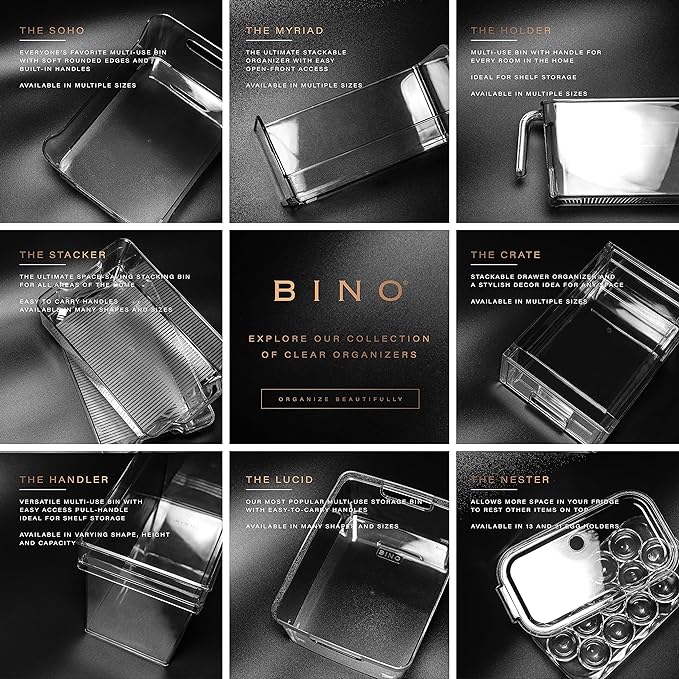 BINO | Plastic Storage Bins - 4 Pack | THE LODGE COLLECTION | Clear Storage | Containers for Organizing with Handles | Pantry Kitchen Organization | Fridge Organizer | Bathroom | Shelves Cabinet