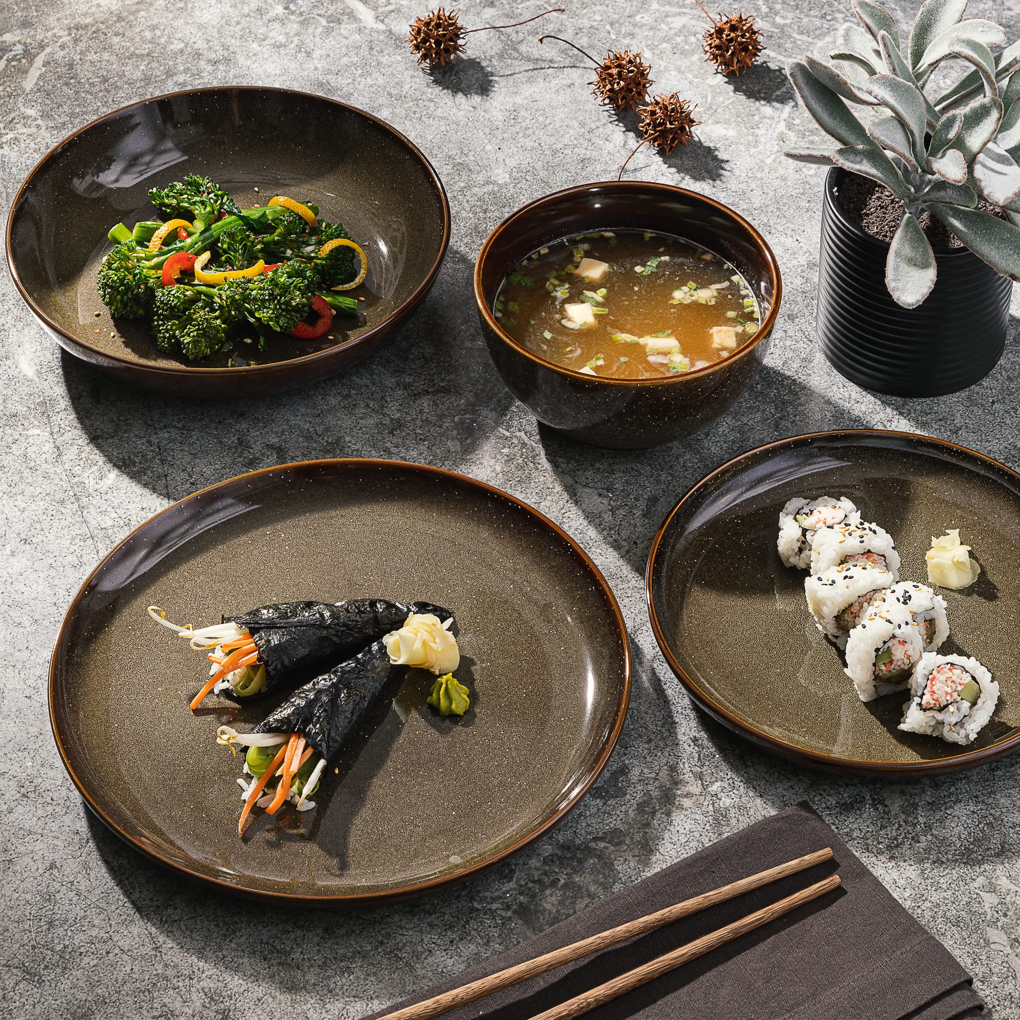 Gibson Elite Edwina 16-Piece Double Bowl Dinnerware Set, Service for 4 – Dark Green Stoneware Plates and Bowls