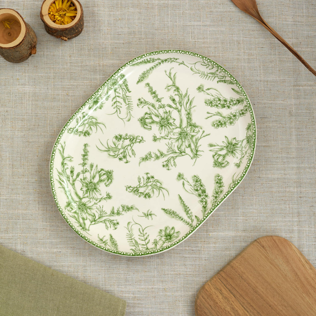 Bico Green Garden Toile De Jouy 16 plus 12 inch Oval Platters Set, Set of 2, Microwave and Dishwasher Safe, for Serving Fish, Chicken, Turkey